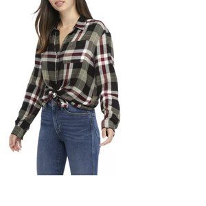 True Craft Women Top Boyfriend Button Down Plaid Shirt Long Sleeve